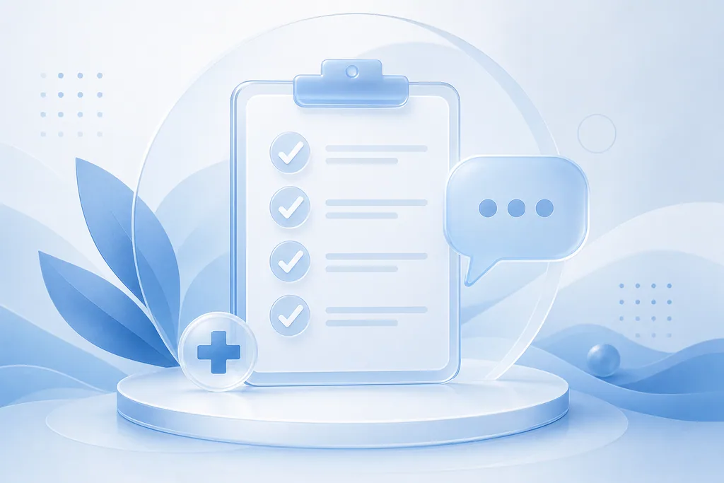Abstract blue illustration of a checklist and a consultation speech bubble, representing questions to ask before having Botox.